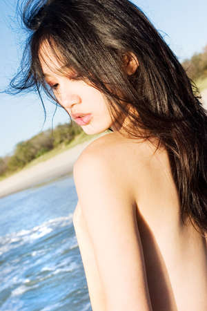 Asian model on beachの写真素材