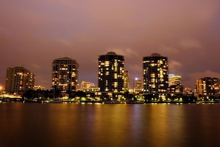 Modern river front buildings in the eveningの写真素材