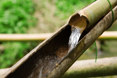 Bamboo lengths of pipe set up to direct waterの写真素材