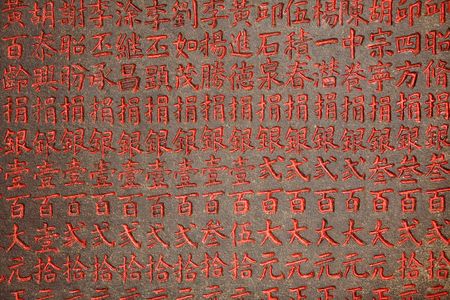 Chinese characters in red written on stone backgroundの写真素材