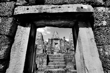 Doorway into ancient temple ruins in Cambodiaの写真素材