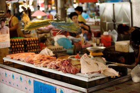 Meat stall at an Asian market (Thailand)の写真素材