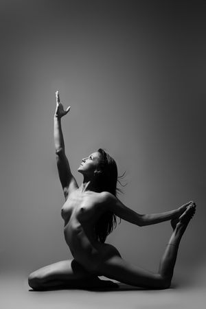 Artistic studio nude on gray backgroundの写真素材