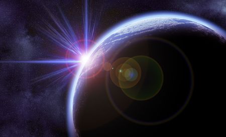 Digital Illustration of bright planet in space with stars in background