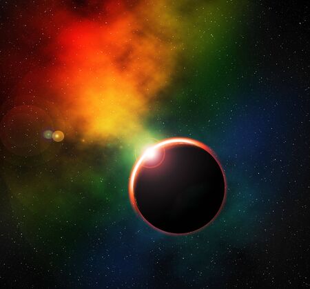 Digital illustration of deep space, colourful nebula and eclipse