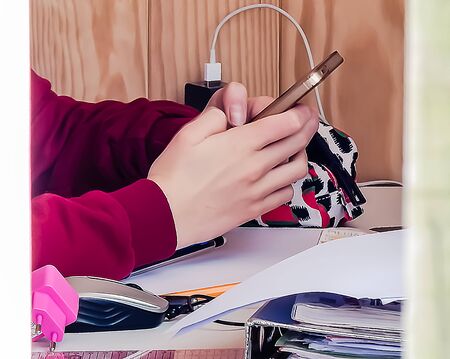 Detail of a teenage girl's study by teleconferenceの写真素材