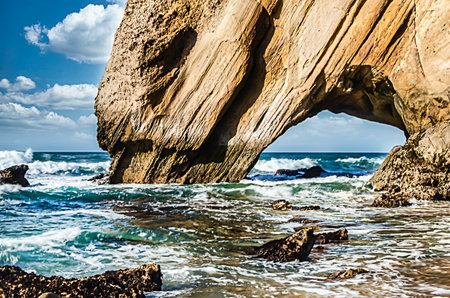 Rocky formations in the ocean on a Portuguese beach at sunset