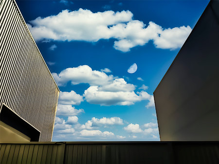 View between two warehouses to a sky with white cloudsの写真素材