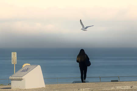 The young blonde in black admiring the ocean on a cliff
