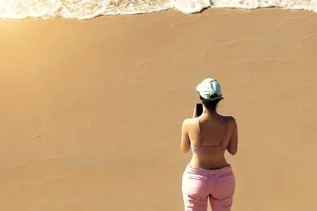 Woman in a bra with pink pants and a cap on a beachの写真素材
