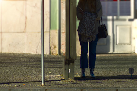 Walking through town in the morningの写真素材