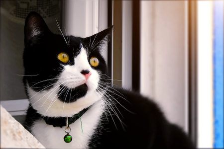 Domestic cat at a window looking at the skyの写真素材