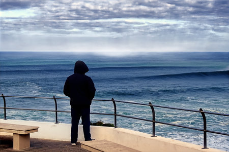 A lone man looking at the ocean from a pier