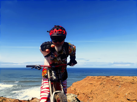 Cyclist with a red helmet pedaling by the oceanの写真素材