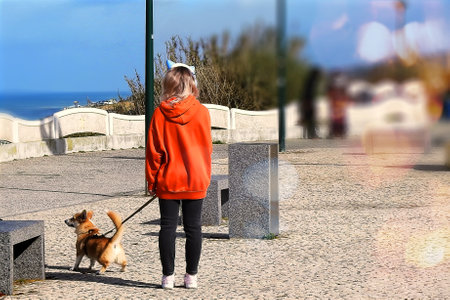 Adolescence with the dog for a walk on the seafrontの写真素材