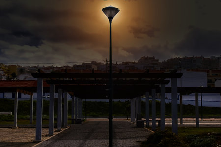 Cityscape from a park in the eveningの写真素材