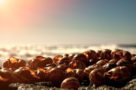 Snail shells on a beach in the sunset lightの写真素材