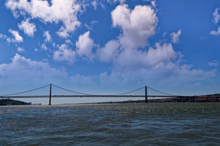 View from a river with a bridge on the horizon with a cloudy sky