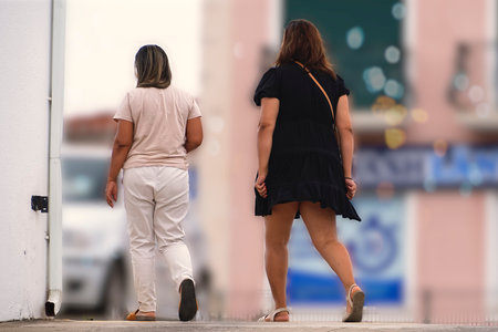 Two women walking up a street towards the city