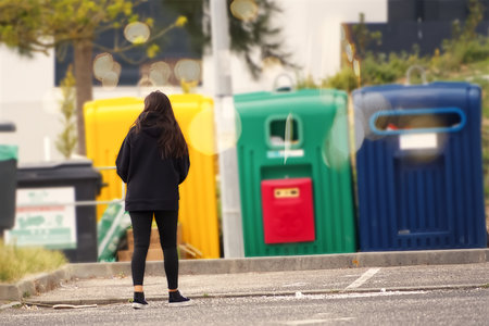 A young woman standing in front of a trashcan in the street.の写真素材