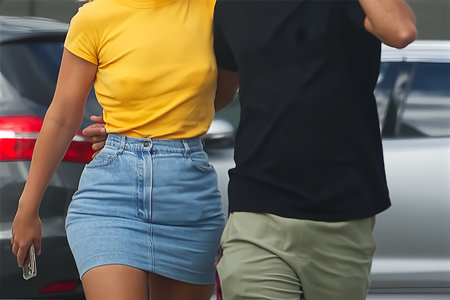 Closeup of a young couple standing in front of their car.の写真素材