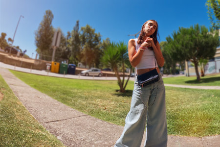 Beautiful young woman walking in the park. Sunny summer day.の写真素材