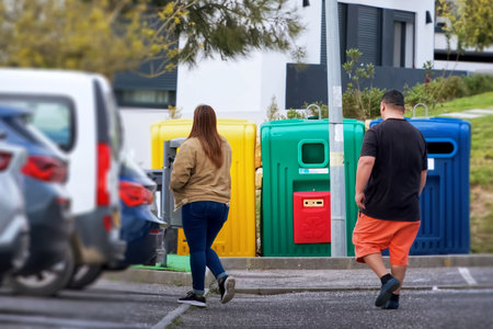 Rear view of a young couple walking in front of a trash canの写真素材