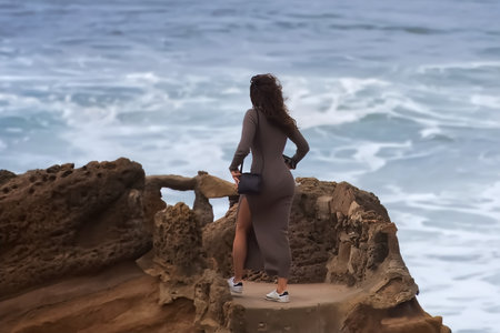 Beautiful girl in a long dress posing on the rocks against the background of the sea.の写真素材