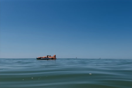 People on a raft in the sea with a blue sky backgroundの写真素材