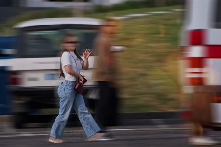 Woman walking on a city street. Blurred motion.