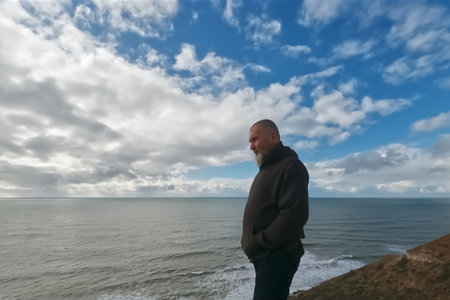 A man stands on the edge of the cliff and looks at the sea.