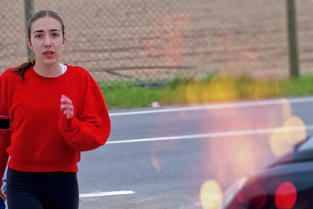Young woman jogging in the city at early morning. Healthy lifestyle concept.