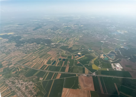Aerial view of the countryside and farmland in Spain, Europe.