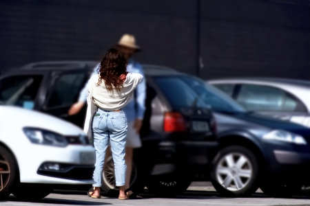 A young woman is standing in front of her car in the city.の写真素材
