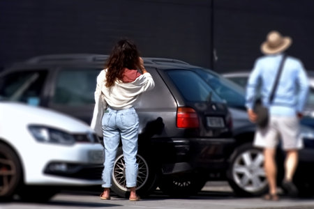 A young woman in jeans and a white sweater is standing by the car.の写真素材