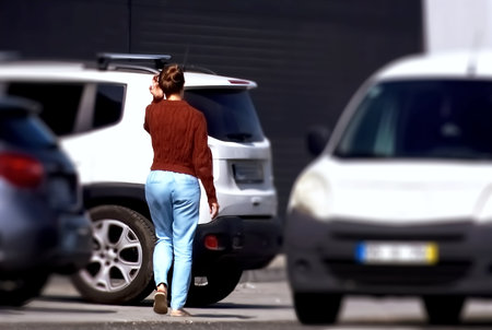 Young woman walking on the street with cars in the background. Shallow depth of field.の写真素材
