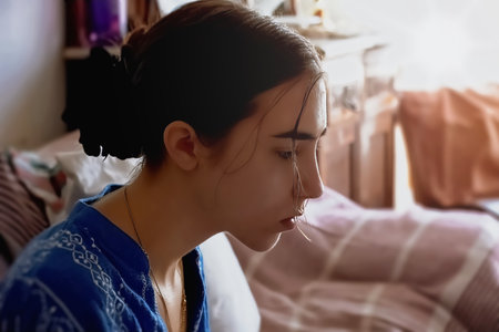 Portrait of a beautiful young girl in a blue pajamasの写真素材