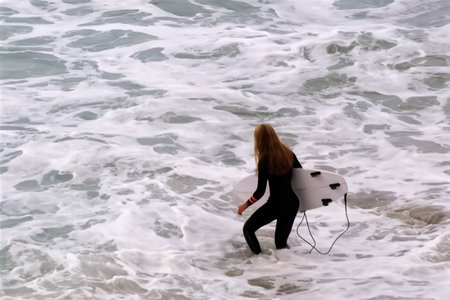 Surfer girl with surfboard on the beach in the morning.の写真素材