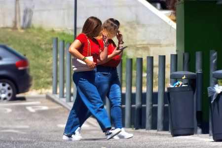 Two young women walking in the street with trash can and mobile phoneの写真素材
