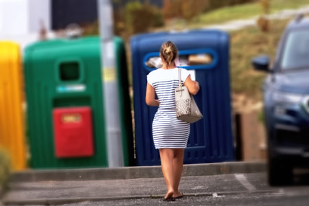 A young woman in a striped dress with a bag in her hand is waiting for her car.