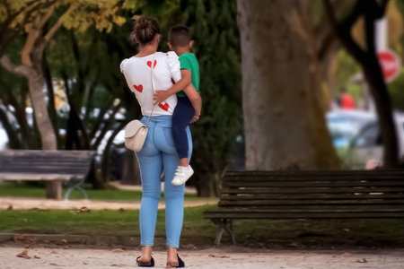 Young mother walking in the park.の写真素材