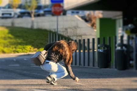 A girl in a black T-shirt and jeans runs along the street.の写真素材