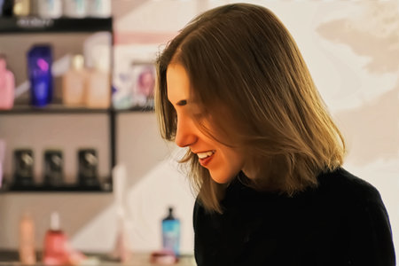 Portrait of a young woman in a beauty salon. Girl with long hair.の写真素材