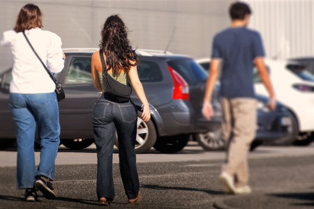 Back view of a young woman walking on the street with her boyfriendの写真素材