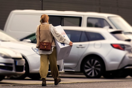 A woman walking on the street with a box and a car in the backgroundの写真素材