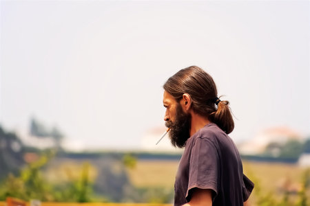 Portrait of a handsome man with long hair and beard in the countryside