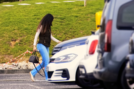 Young beautiful woman with long black hair, dressed in a black leather jacket and blue jeans,...