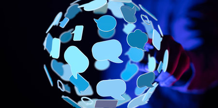 Global Communication Network: A Sphere of Blue Chat Bubblesの写真素材