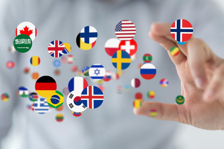 Global Communication: Hand Interacting with World Flags