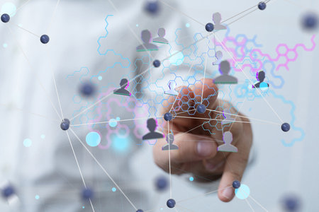 businessman hand working with new modern computer show social network structure as concept